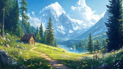 Mountain lake cabin under bright alpine summer sky