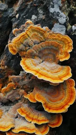 Bracket fungi with orange bands on dark tree substrate.