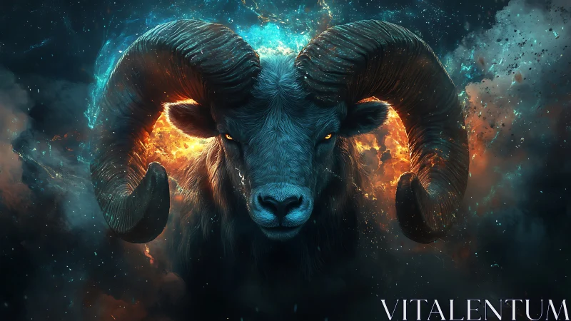 Ram head emerges against cosmic fire and nebula clouds
