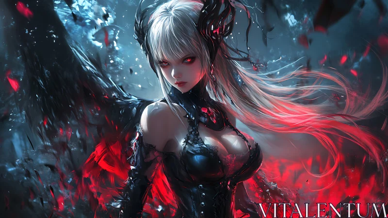 Dark fallen angel warrior amid crimson storm shards.