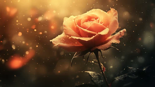 Orange rose with bokeh light particles and stem detail