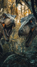 Predatory dinosaurs stalking dense prehistoric jungle scene.