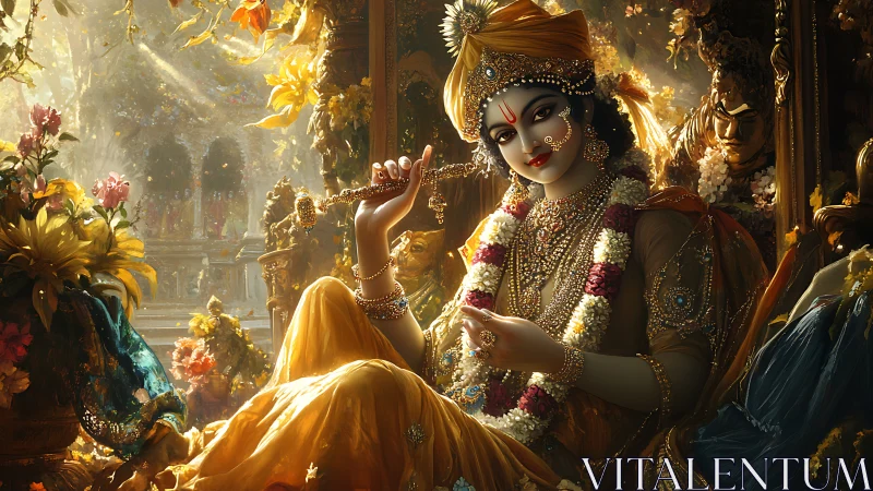 Divine musician figure seated in ornate floral golden shrine