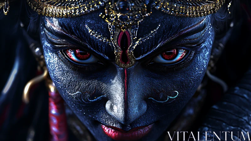 Midnight deity stares through jeweled fire and shadow