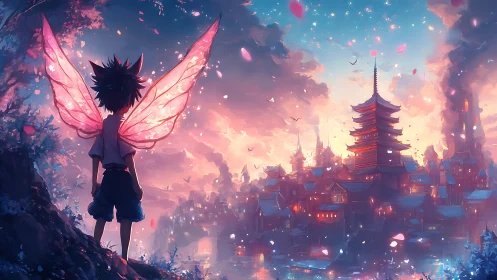 Winged child overlooking luminous fantasy pagoda cityscape.