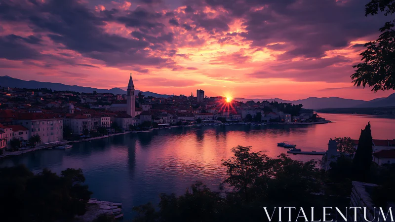 Harbor city skyline under vivid purple sunset glow.