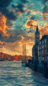 Sunlit canal cityscape with clocktower, sailboats and dramatic clouds