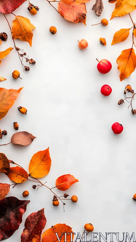 Autumn leaves and berries frame a bright white background.