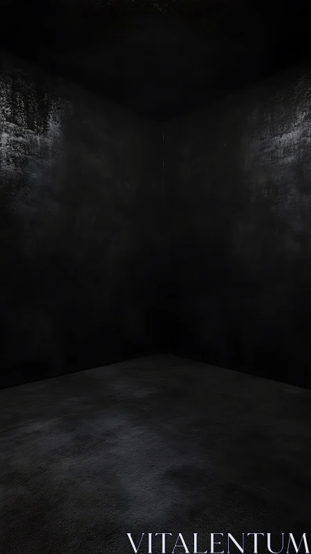 Low-key volumetric render of dark concrete corner chamber.