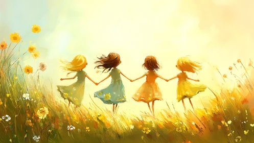 Four Girls Holding Hands in Sunlit Meadow, Impressionist Art.