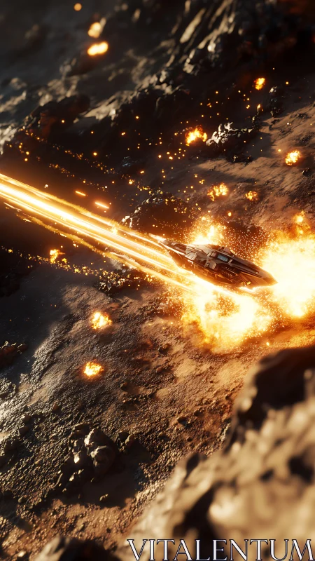 Starship streaks over cratered battlefield under heavy fire