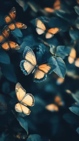 Cinematic digital painting of luminous butterflies in foliage.