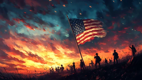 Stormfire sky crowns soldiers beneath a blazing US flag.
