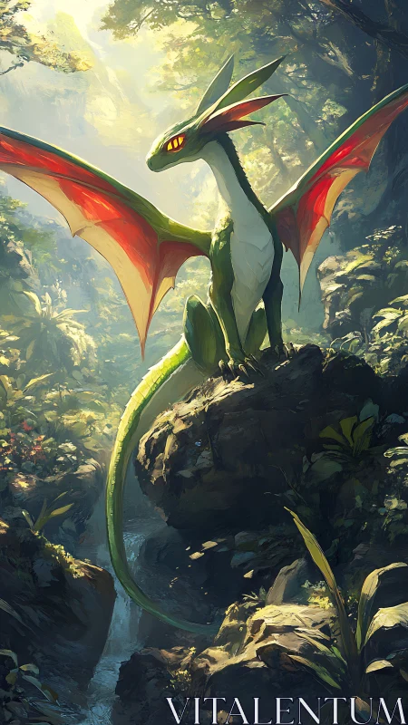 Bioluminescent forest wyvern perched above misted ravine