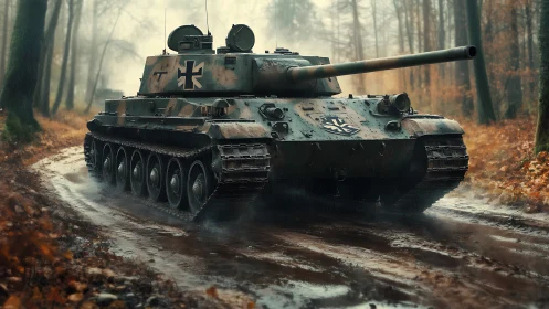 Steel panther tank prows through rain-soaked autumn forest road.