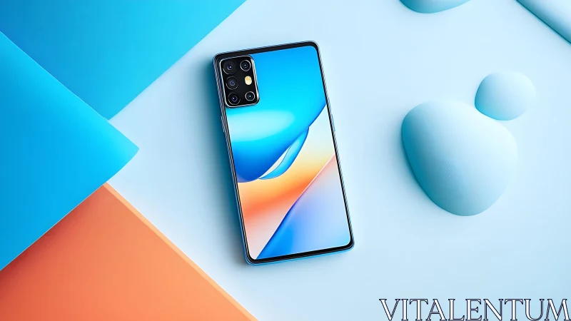Modern smartphone with quad camera on pastel geometric background.