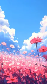 Pink wildflower meadow under bright blue summer sky.