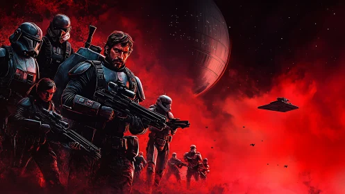 Armored soldiers advance across red nebula with planet.