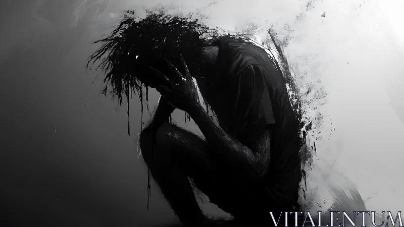 Silhouetted figure crouched in abstract monochrome field.