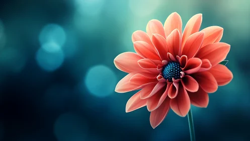 Coral Dahlia with Blue Teal Bokeh Background Composition.