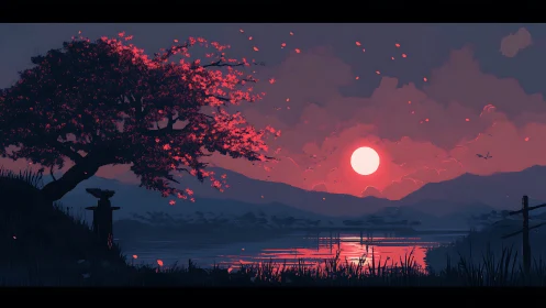 Glowing cherry tree watching over a peaceful sunset lake.