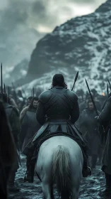 Lone warlord on white steed faces stormlit mountain battle.