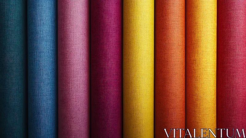 Color spectrum fabric rolls form bold vertical gradient display.