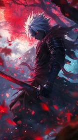 White-haired dark swordsman under crimson maple canopy at dusk