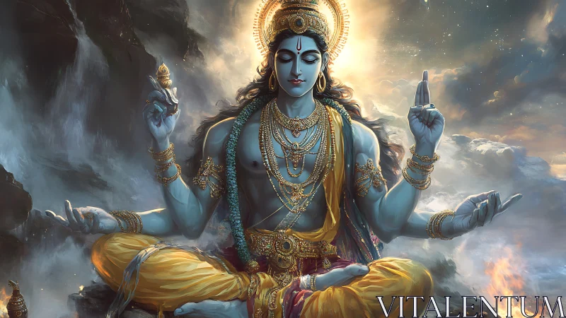 Seated blue-skinned deity in ornate attire amid clouds.