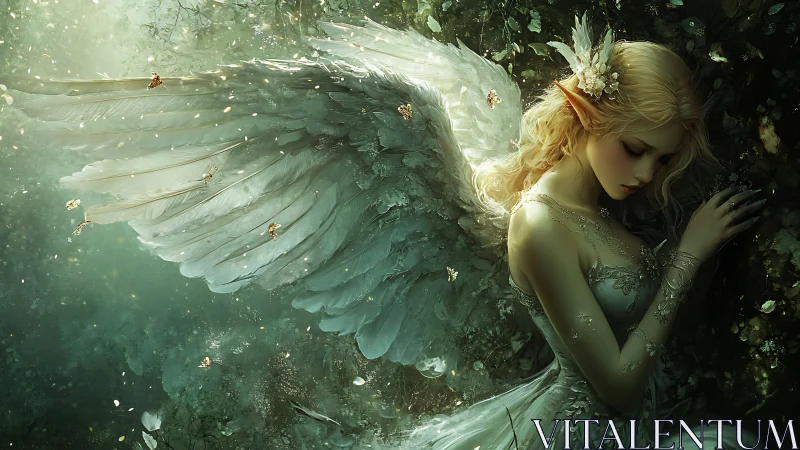 Winged elf figure in ornate dress within forest light.