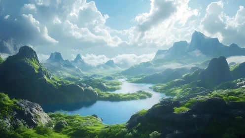 Sunlit valley lake cradled by misty emerald mountains.