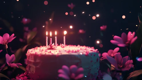 Luminous Birthday Cake with Bokeh Floral Environment.