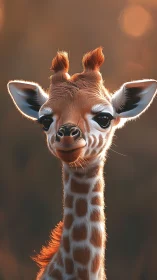 Juvenile giraffe portrait in warm rim-lit golden sunset.