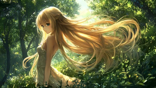 Girl with long blonde hair stands in sunlit green forest