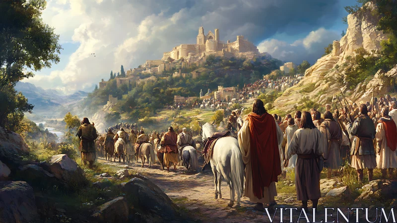 Procession of robed figures toward fortified hill city.