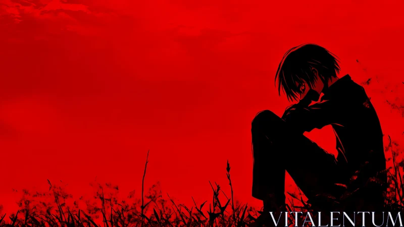 Silhouetted anime boy sits in field under intense red sky.