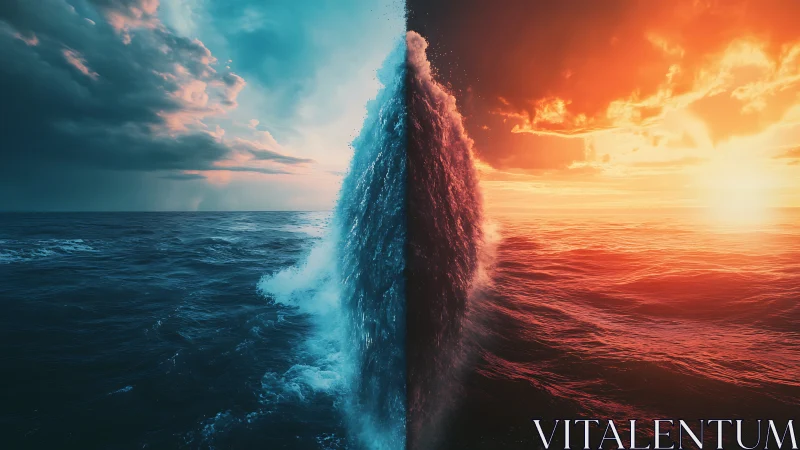 Surreal bifurcated ocean horizon with vertical waterwall construct.