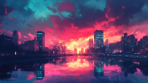 Neon city skyline glowing under a dreamy sunset sky.