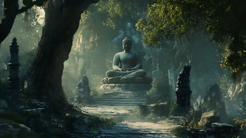 Seated Buddha statue in dense forest temple ruins scene.