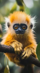 Golden-furred infant monkey portrait with shallow depth-of-field