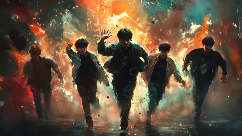 Dynamic band sprint through explosive neon city haze