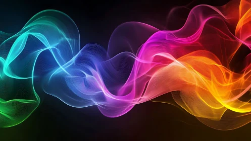 Vibrant neon light waves flow across deep black void.