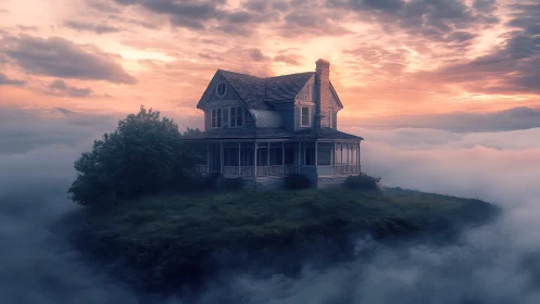 Isolated house elevated on hillside amid cloud formation.