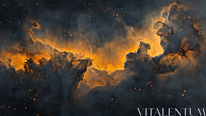 Luminous orange nebula clouds against dark deep space field.