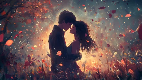 Silhouetted couple embraces amid floating autumn leaves in luminous bokeh