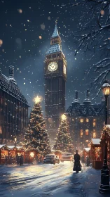 Snowlit London Christmas market beneath clock tower.