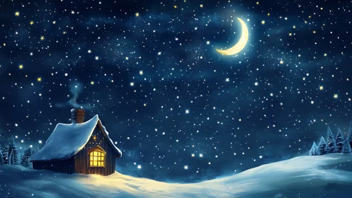 Snow covered cabin under crescent moon and starry night sky.