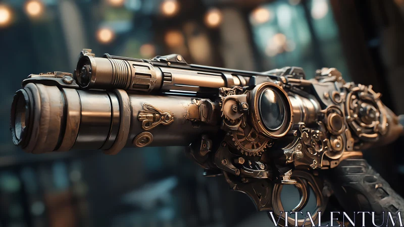 Steampunk rifle gleams with intricate brass mechanics and glass