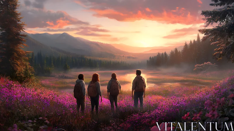 Hikers facing luminous mountain dawn over violet meadow.
