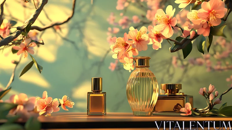 Golden perfume bottles glow amid soft spring blossoms.